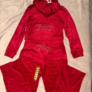 Juicy Couture Red Velour Tracksuit Set with Logo Rhinestones